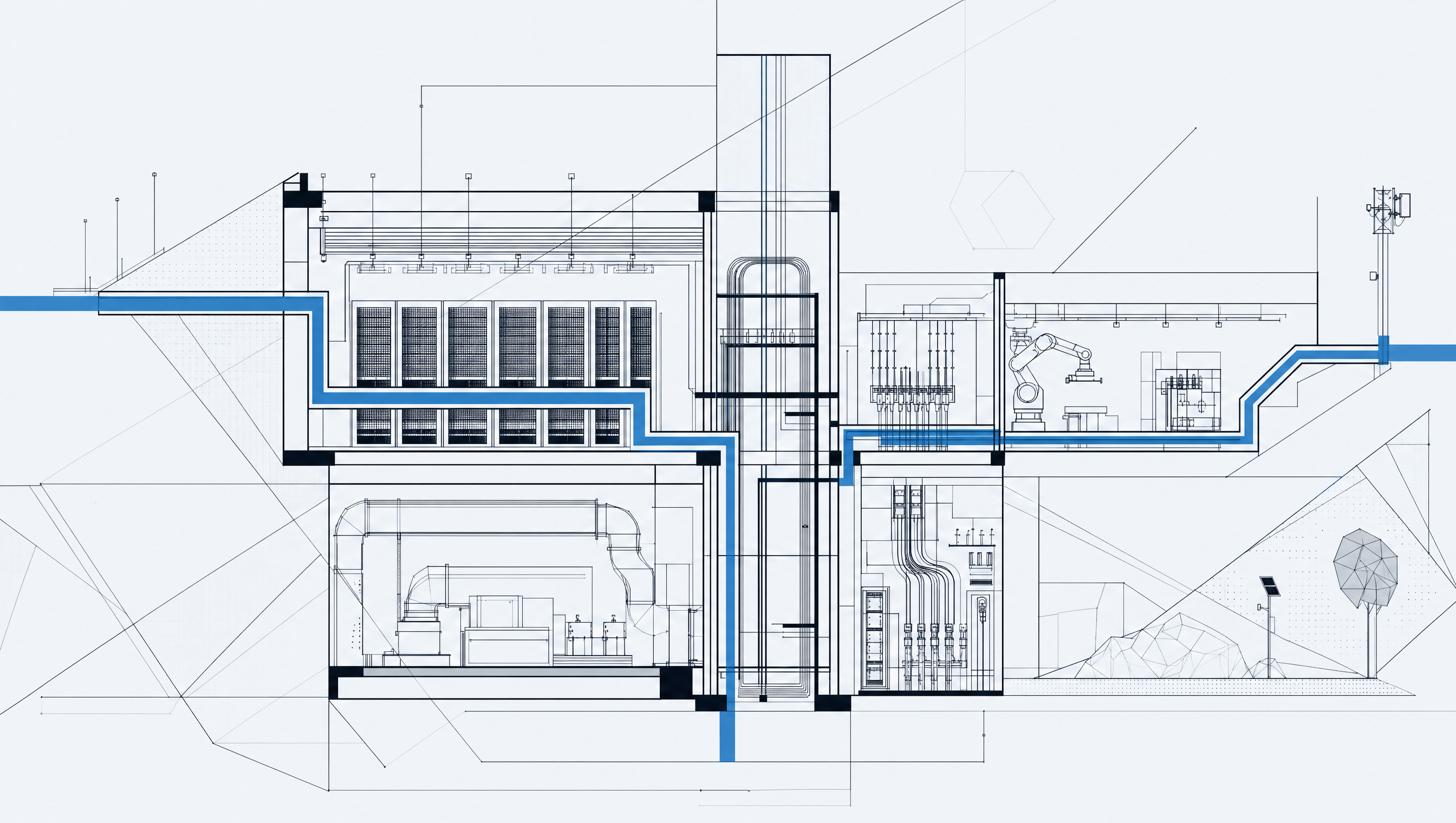Composição técnica abstrata de energia, refrigeração e rede
